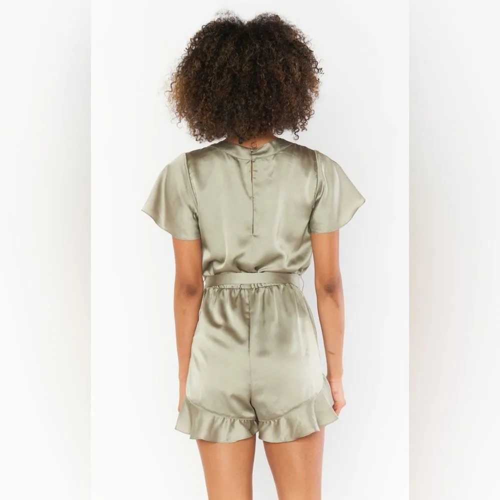 NWT Show Me Your Mumu - Say I Do Romper‎ Moss Green Size MEDIUM Satin Faux Wrap - Image 3