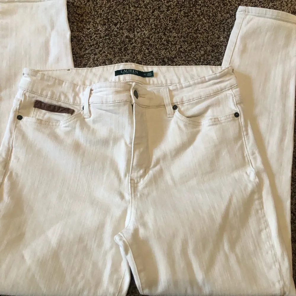 Lauren Ralph Lauren Cream Premier Skinny Ankle Jeans Leather trim Size 12 - Image 2