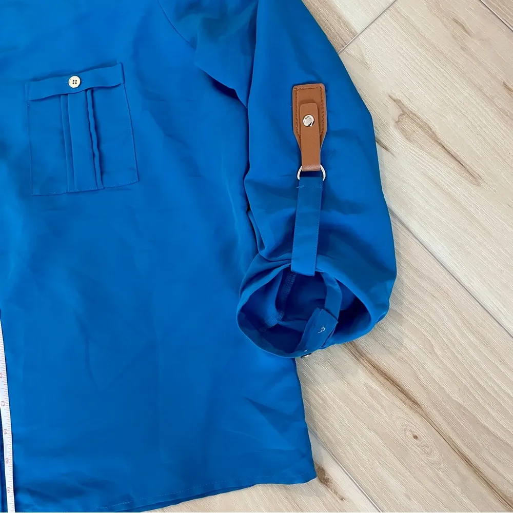 Notations Button Down Blue Top With Leather Sleeve Accents Clips Size PXL - Image 7