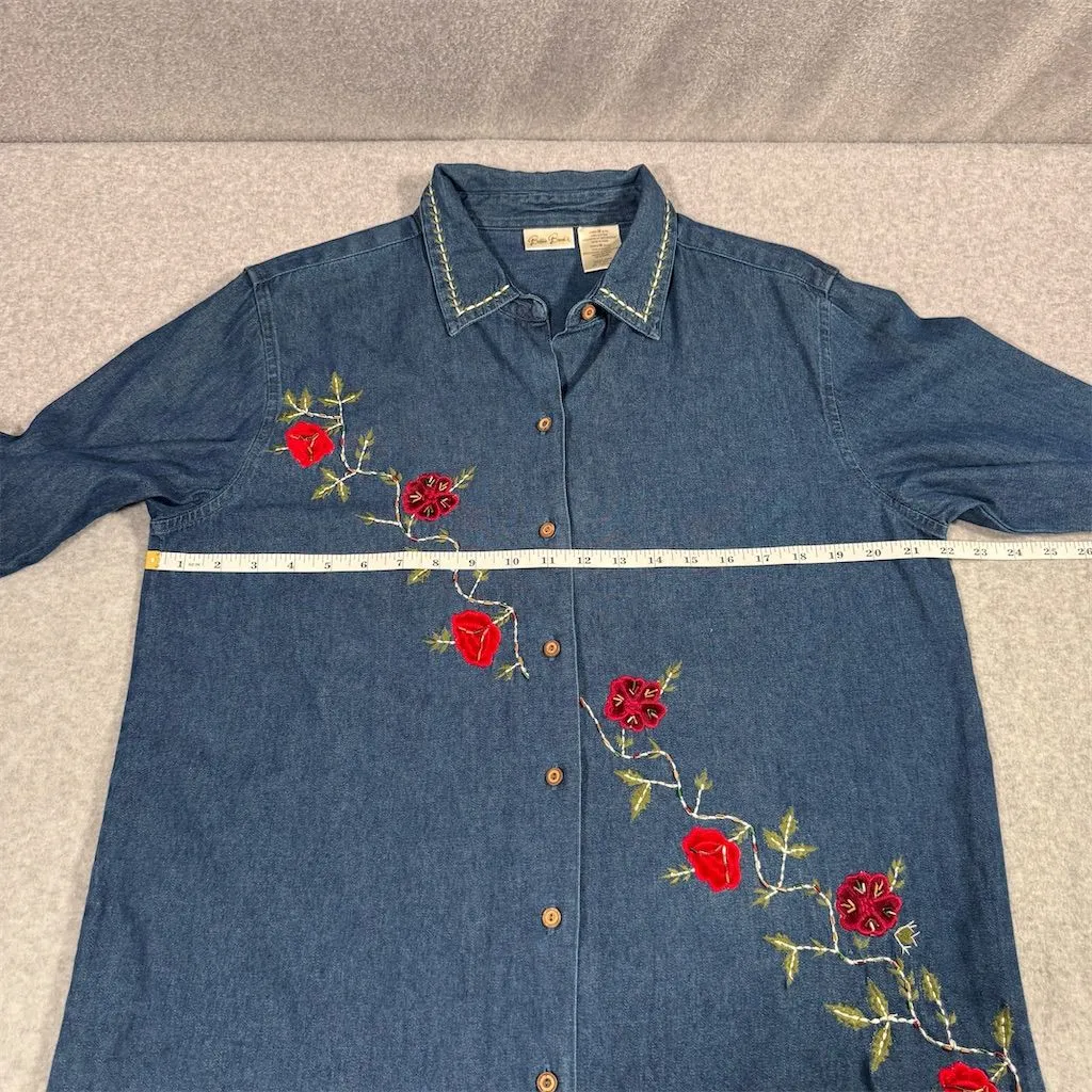 Vintage Bobbie Brooks Women'sCotton Denim Floral Embroidered Tunic Blouse Size M Blue Size M - Image 8