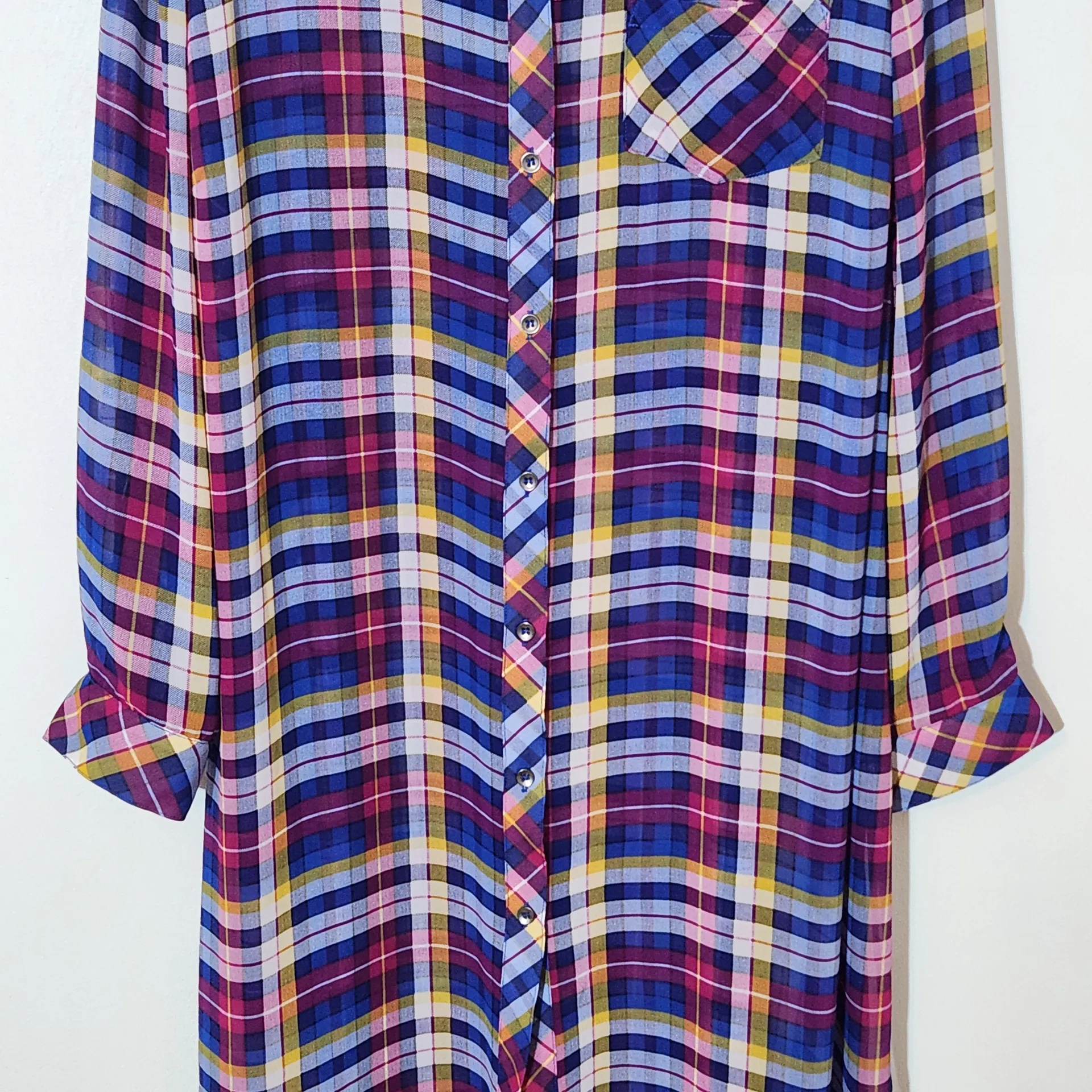 Catherines Blue and Pink Plaid Sheer Button-Down Tunic Size 1X Sheer Plaid Tunic - Image 4