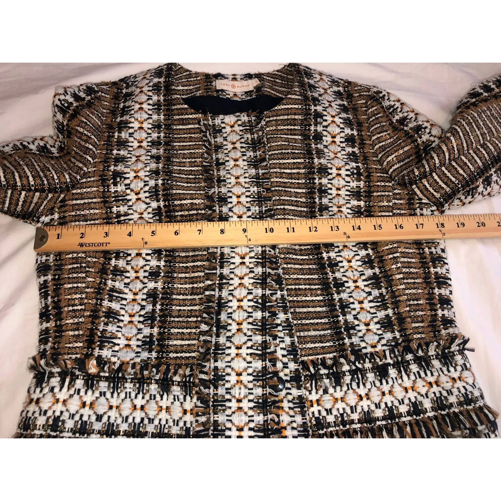 Tory Burch Jessica Tweed Jacket Size 6 Blazer Hidden Snaps Fringe Brown Black - Image 6