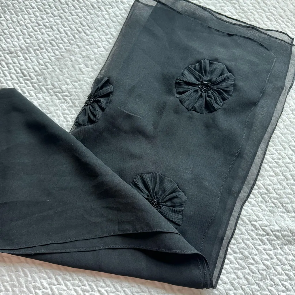 VTG Sheer Black Floral 3D Appliqué Scarf Wrap Romantic Gothic Whimsigoth Beaded - Image 5