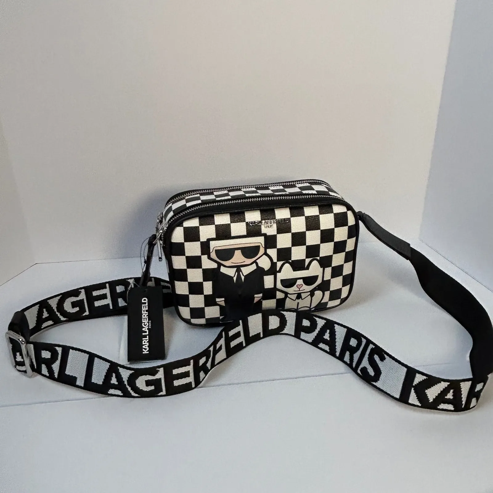 Karl Lagerfeld Paris Checkerboard Crossbody Bag Karl and Choupette Black - Image 11