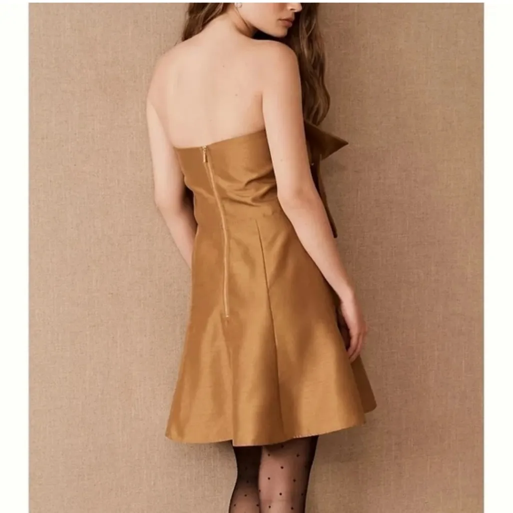 BOSKEMPER for BHLDN Ariel Bronze Bow Strapless Mini Dress NWT Cocktail Brown Size M - Image 11