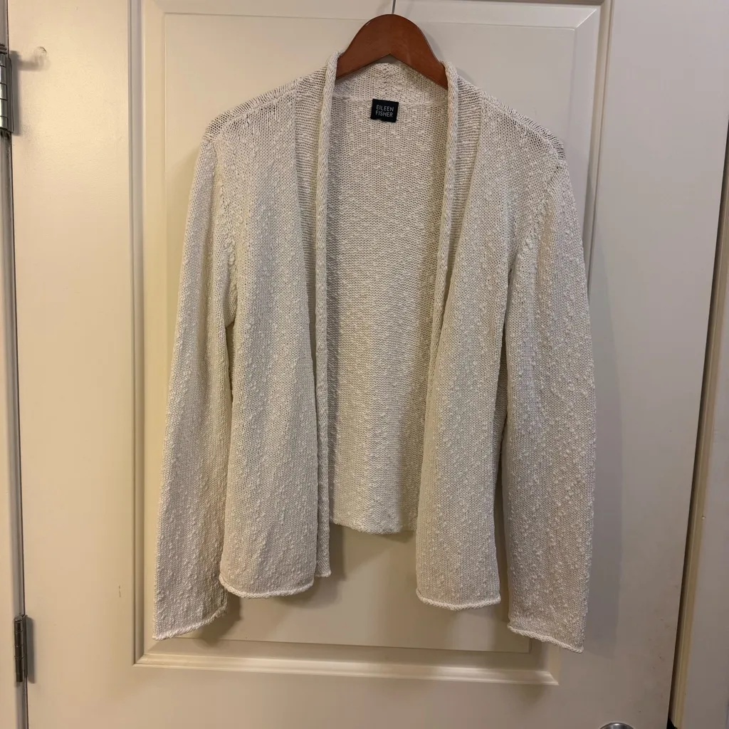 Eileen Fisher White Cotton Open Front Knit Cardigan See Measurements - Image 10