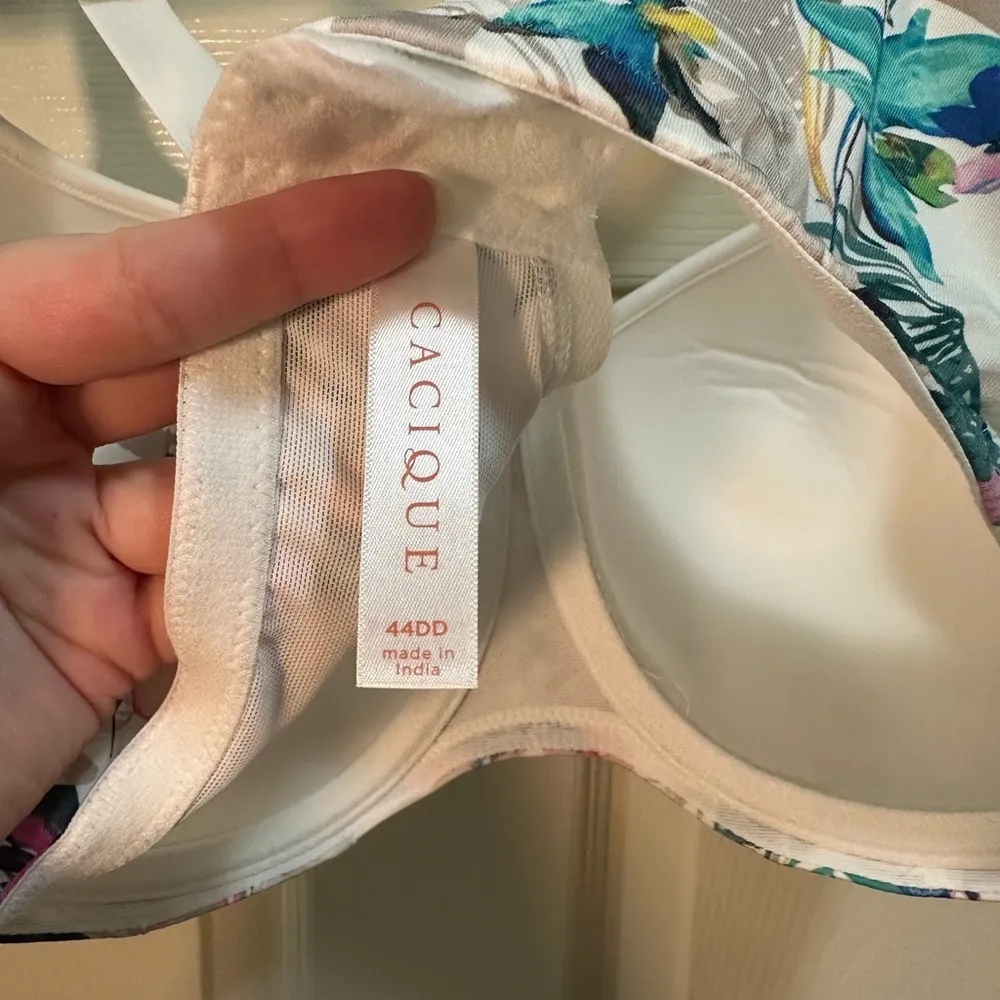 Cacique Lightly Lined Balconette Bra 44DD Underwire White Pink Floral Tropical - Image 5
