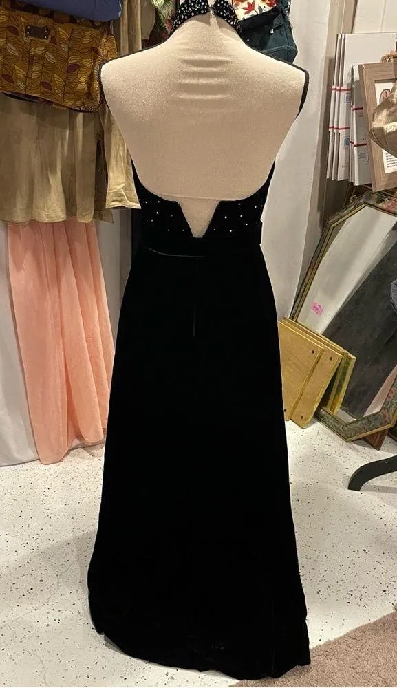 Vintage velvet jeweled halter belted maxi gown luxury couture stunning studio 54 Black Size XS - Image 9