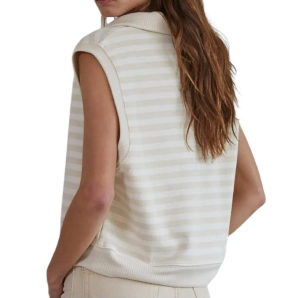 By Together L Natural Taupe Knit Cotton Stripe Collar Neck Sleeveless Vest Top - Image 2
