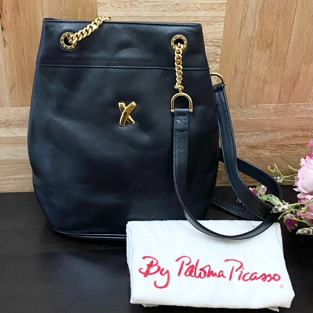Vintage PALOMA PICASSO Italian Black Leather Gold Chain Handle Shoulder Bag - Image 2