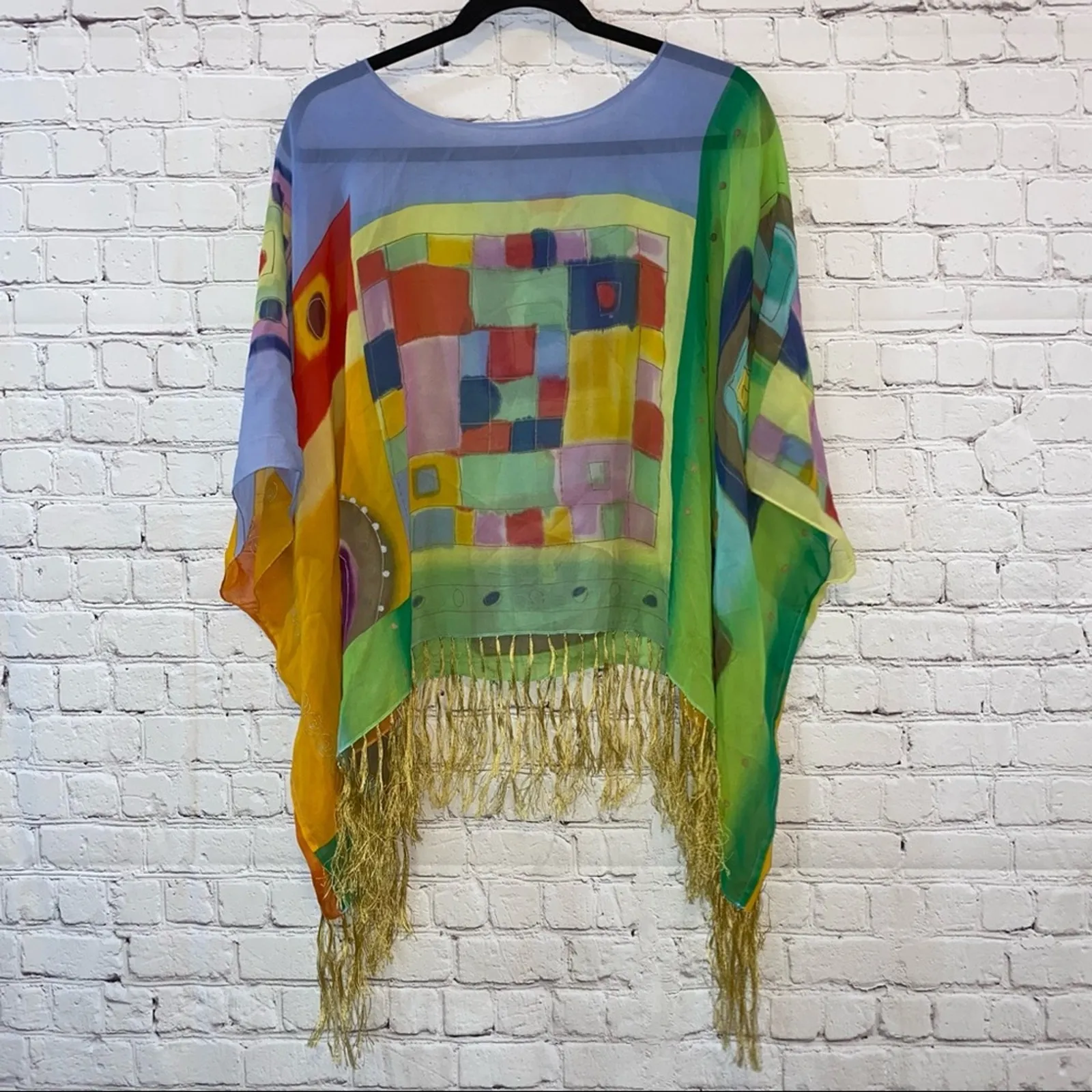 Sheer Colorful Boho Poncho Top Fringe Hem Festival Beach Cover Up Green Size undefined - Image 2