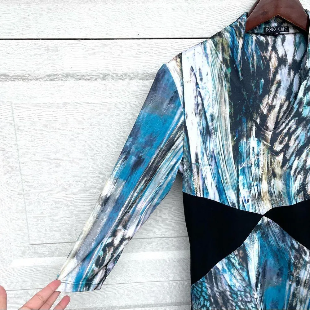 Boho Chic Women’s Shirt Blouse Blue Mixed Print Color Block Stretch Small - Image 6