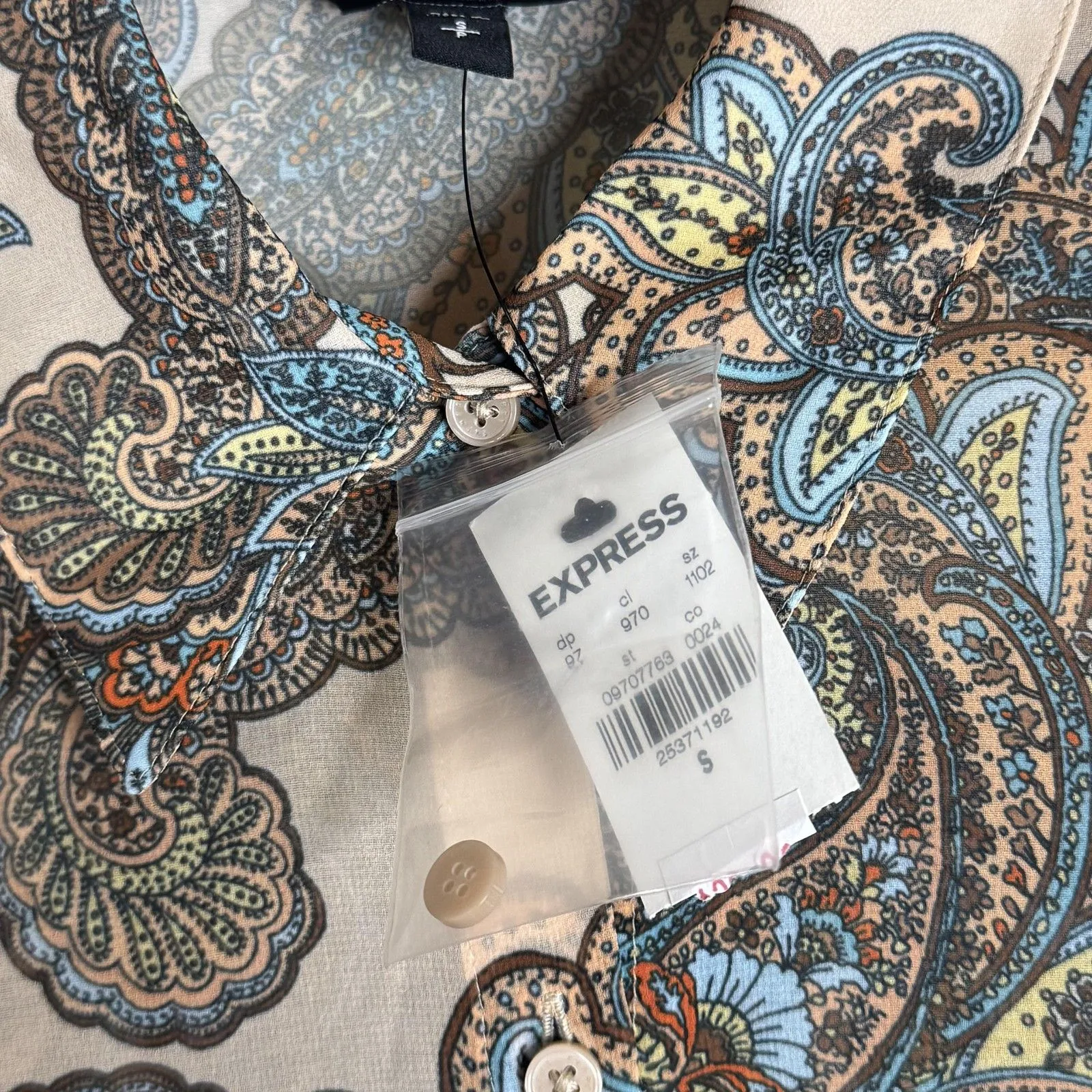 Express Shirt Womens Small Paisley Beige Blue Sheer Long Sleeve Lightweight Top - Image 8