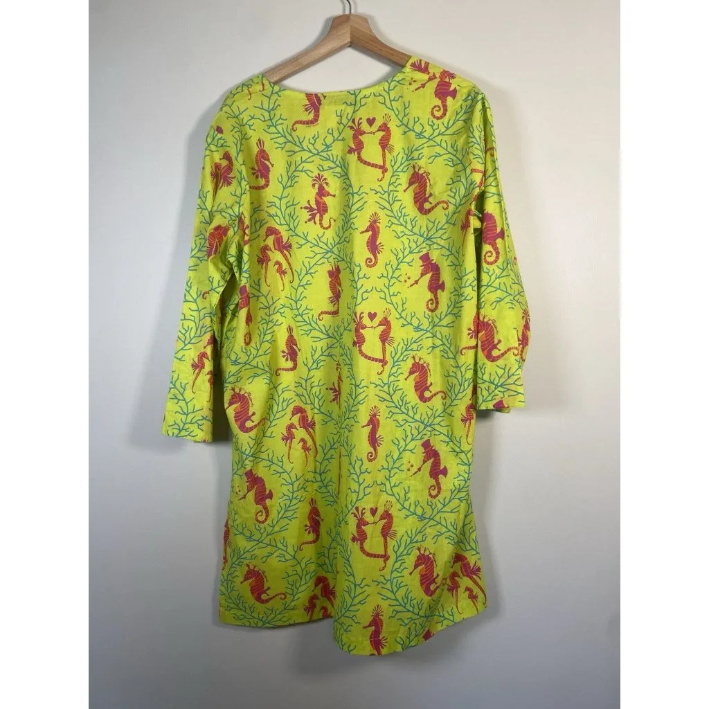 Gretchen Scott Designs Women Green Seahorse Tunic 3/4 Sleeve Top Oversized Beach - Image 4