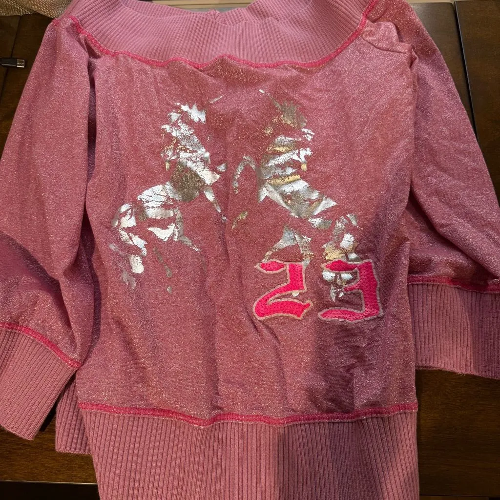 VTG Bebe Pink Sparkle Unicorn Top Y2K McBling 23 Sequins Metallic Jersey M - Image 8