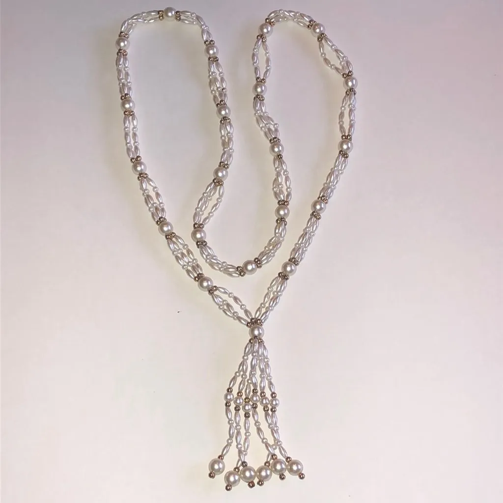 Elegant Vintage White Faux Pearl Gold Tone Beaded Boho Tassel Fringe Necklace - Image 2