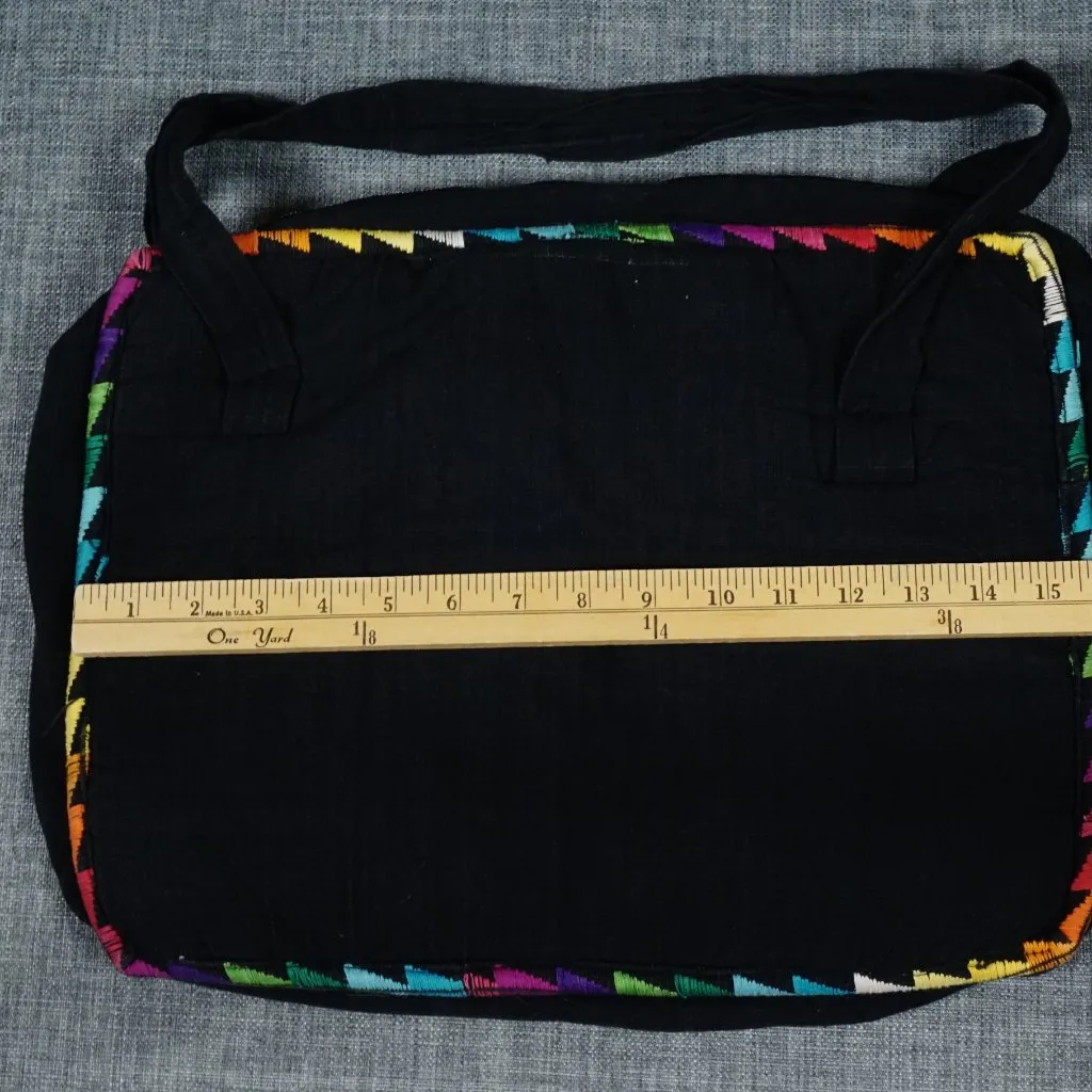 Spanish Floral Tote Handbag Stitched Flower Multicolor Hippie Boho Bag MCM Black - Image 3