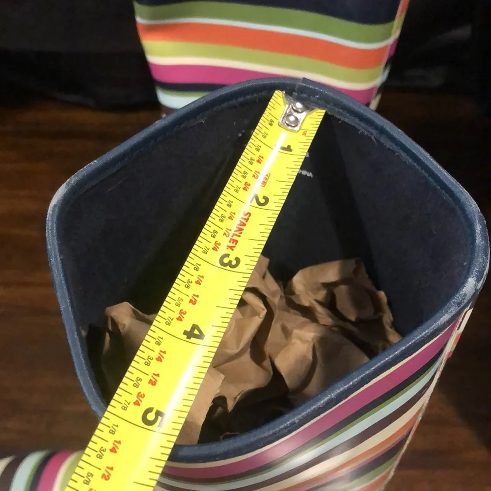 COACH Multi Striped Pull On Mid Calf Rain Boots with Low Heel and Navy Lining - Image 10