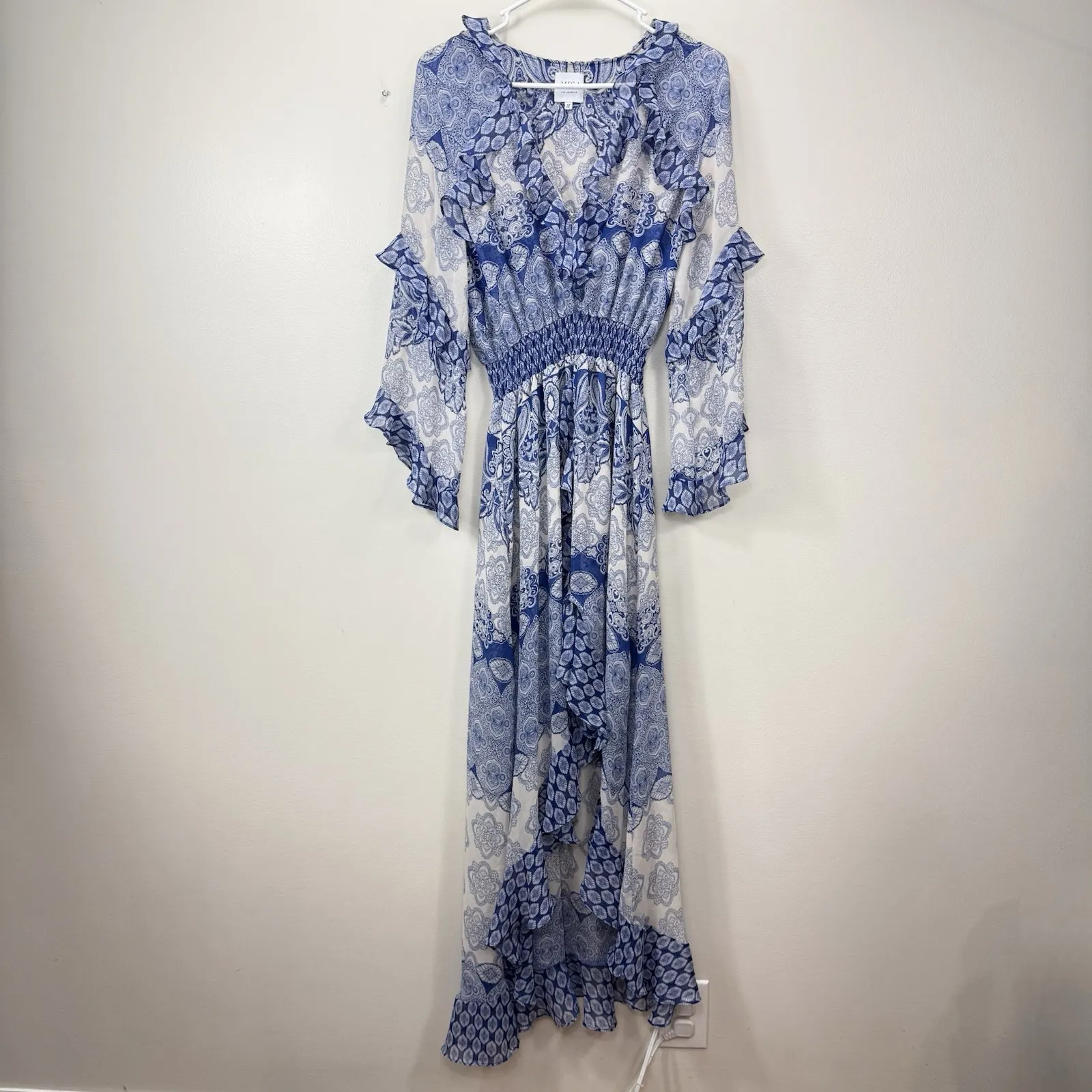MISA Blue Majorelle Mixed Tile Farah Ruffle Boho Hi Low Maxi Dress MEDIUM - Image 7