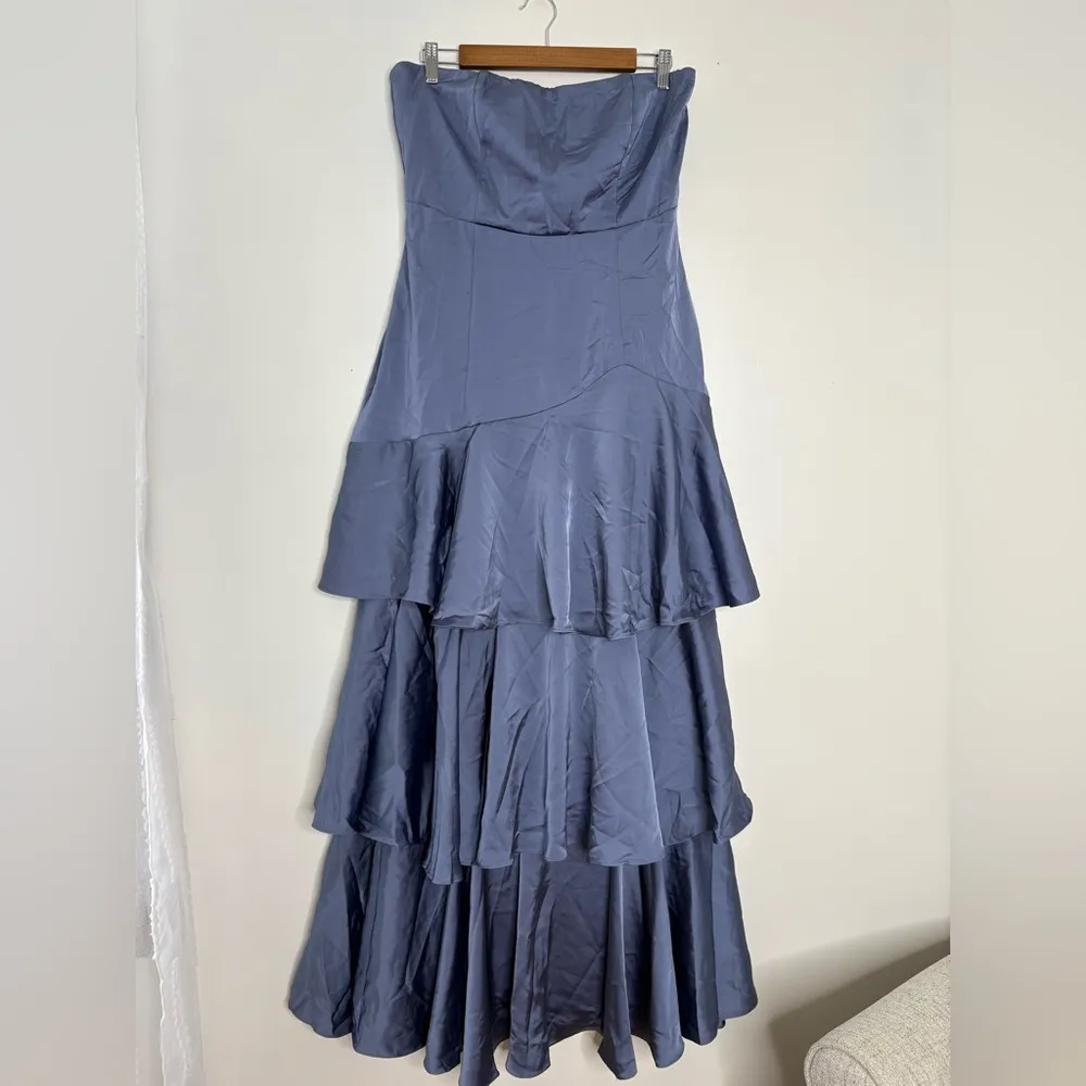 Lulus Blissfully Beautiful Slate Satin Strapless Tiered Maxi Dress Size XL Lined - Image 3