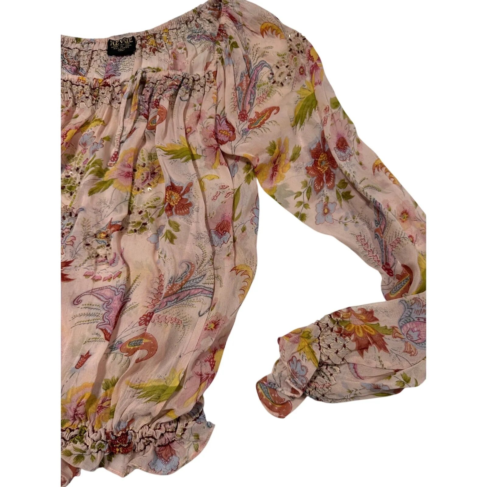 Vintage Revue Boho Floral Smocked Peasant Blouse Pink Rayon Ruffle Hem XL‎ - Image 3