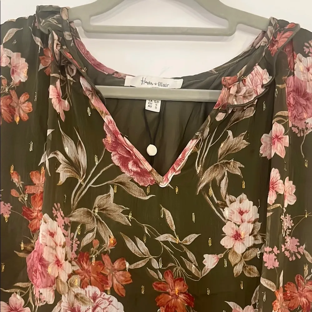 NWT Haver + Blair London Green Red Floral Top Blouson Waist Size Large - Image 8