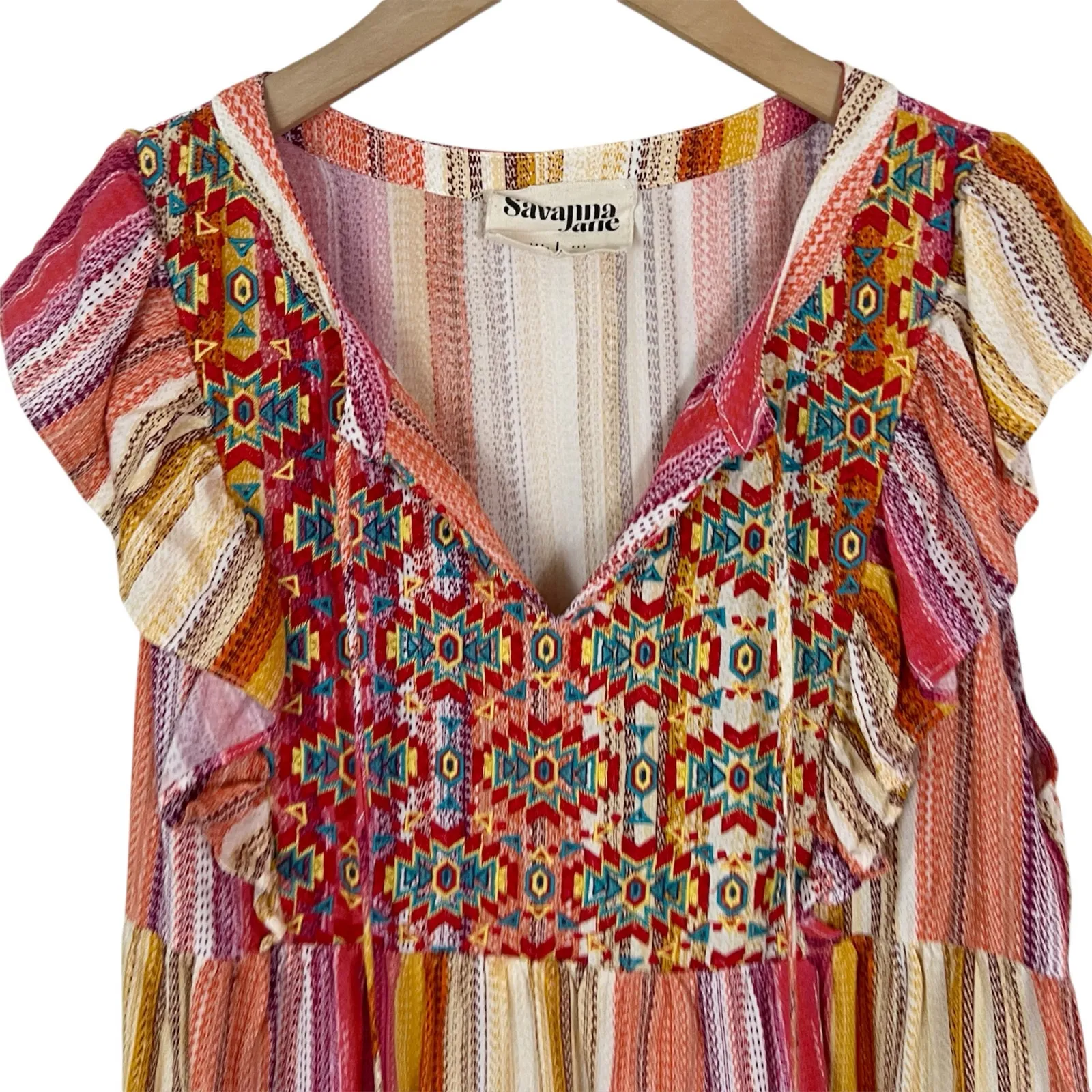 Savanna Jane Daria Aztec Embroidered Colorful Striped Woven Top Size Large Pink - Image 5