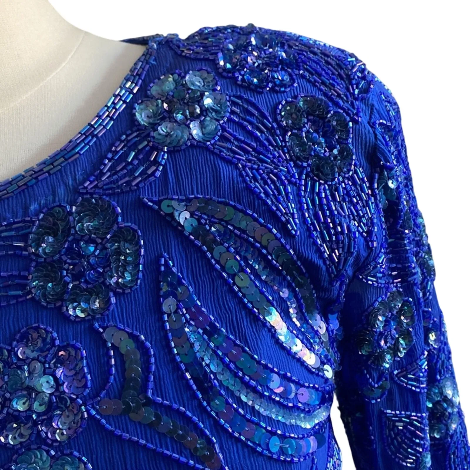VINTAGE JON CHARLES Blue Sequin Cocktail Dress Womens Sz 6 Silk Long Sleeve - Image 4