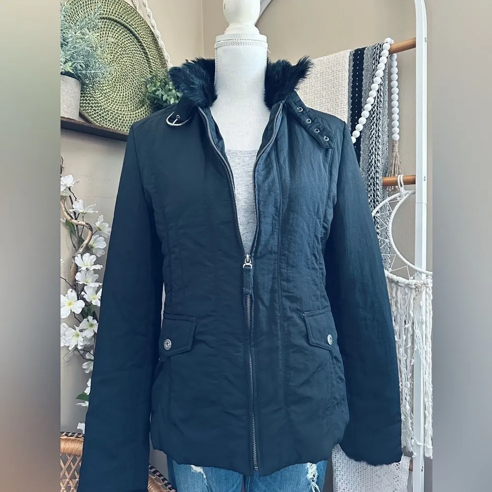 Via Spiga Y2K Black Fur Trim Grommet Belted Neckline Winter Coat Size M - Image 5