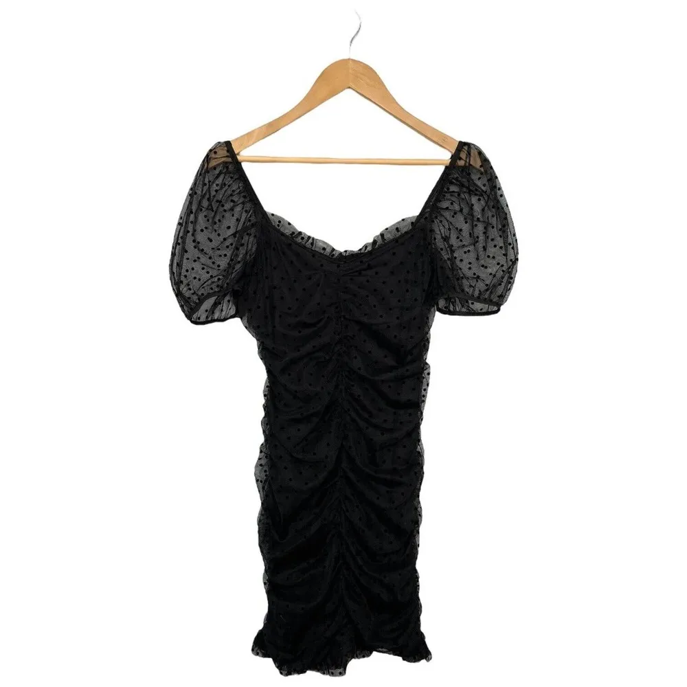 Divided H & M Ruched Gathered Polka Dot Mesh Party Cocktail Dress Black M - Image 2