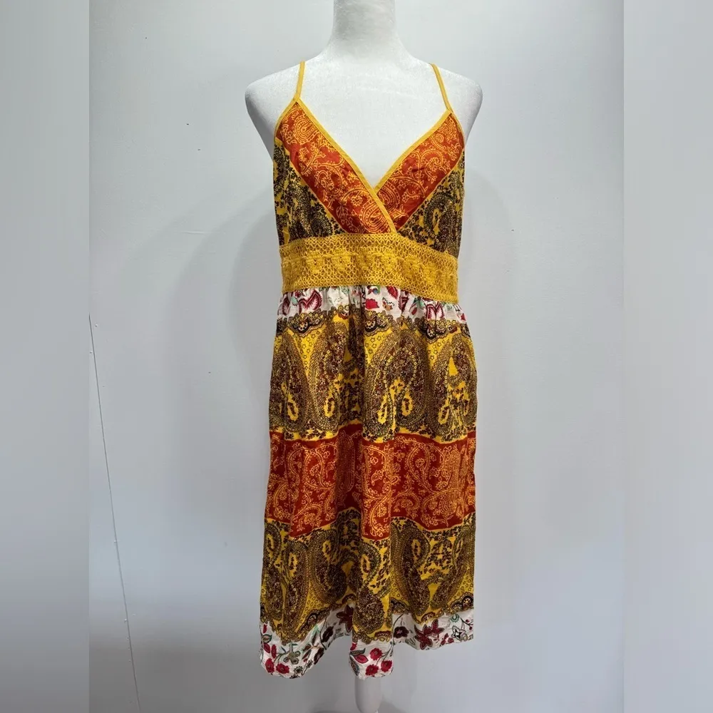 Daytrip Multicolored Boho Paisley Crochet Waistband Spaghetti Strap Slip Dress - Image 2