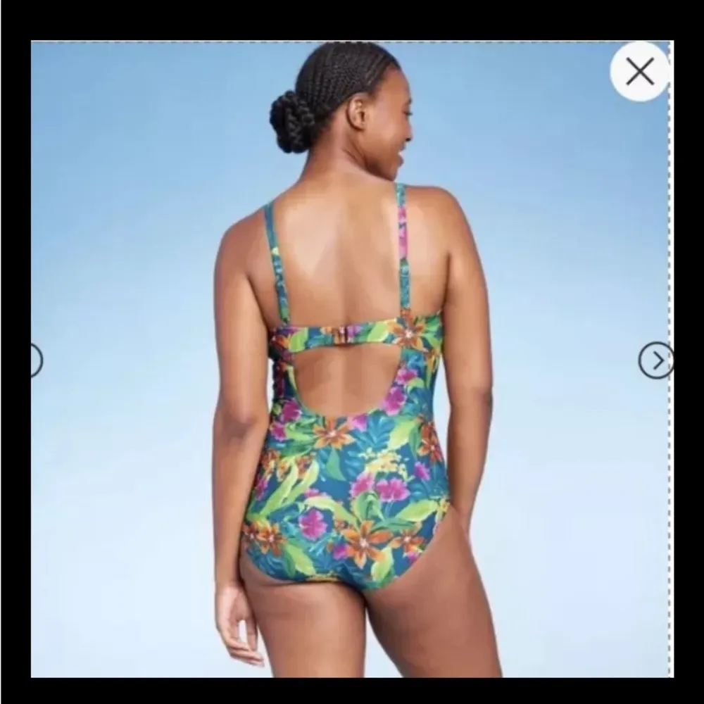 Kona Sol Swimsuit Large 14-16 One Piece Tropical Floral Print Shirred Aqua NWT - Image 2