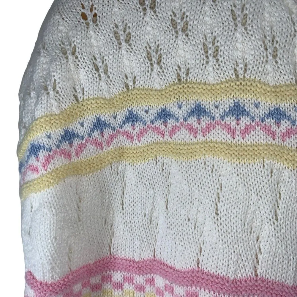 Vintage 80's White/Pastel Stripe Pointelle Cotton Sweater Size XL CottageCore White - Image 2