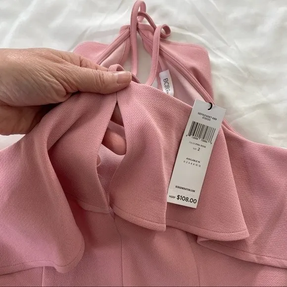 NWT‎ BCBGeneration Asymmetrical Ruffle Halter Mini Dress Pink Rose Size 2 - Image 4