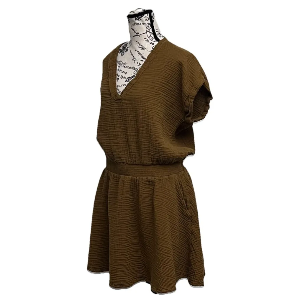 Lou & Grey Triple Cloth Gauze Mini Dress S Brown Coastal Beach Granola Girl - Image 3