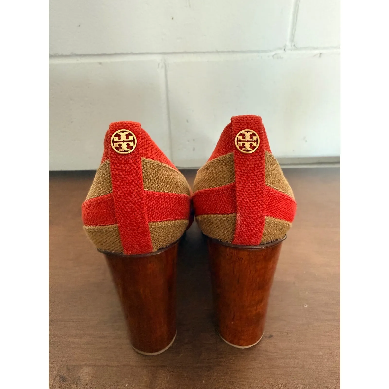 Tory Burch Joelle Striped Platform Heels Red Tan Canvas Wood Heel Women 10 - Image 7