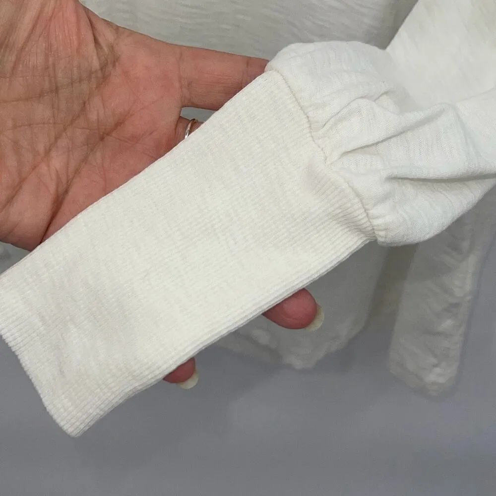 Nation Ltd Womens Puff Sleeves Round-Neck Slub Cotton Long Sleeve‎ Top Off White - Image 4