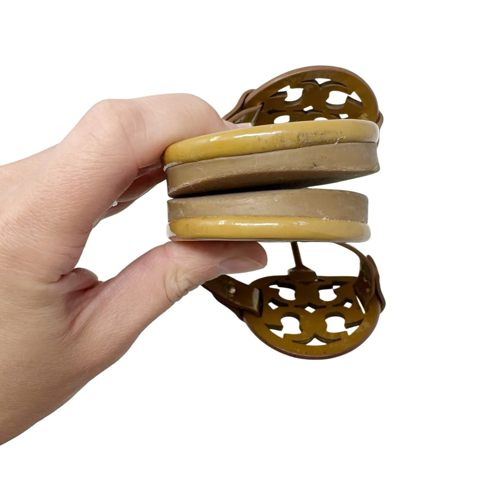 TORY BURCH Tan Caramel Patent Leather Miller Classic Designer Logo Sandals 6.5 - Image 11