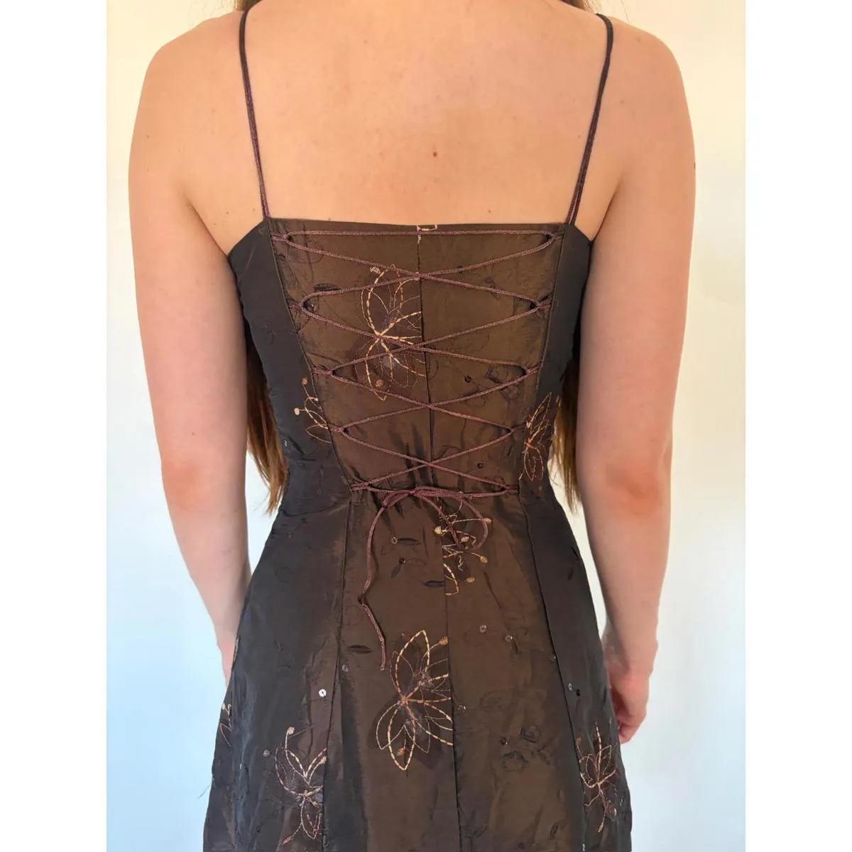 Vintage Girly Witchy Brown Floral Embroidered Lace Up Back Fit and Flare Dress - Image 2