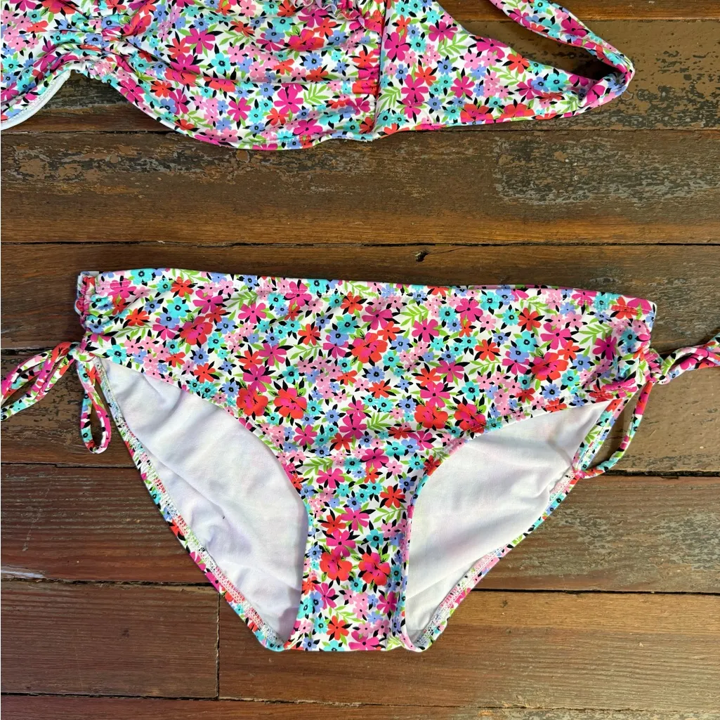 Beach House Floral Ruched Tie Bandeau Bikini Set Retro Tropical Swimwear12/14 💛🍄 Red Size 12 - Image 2