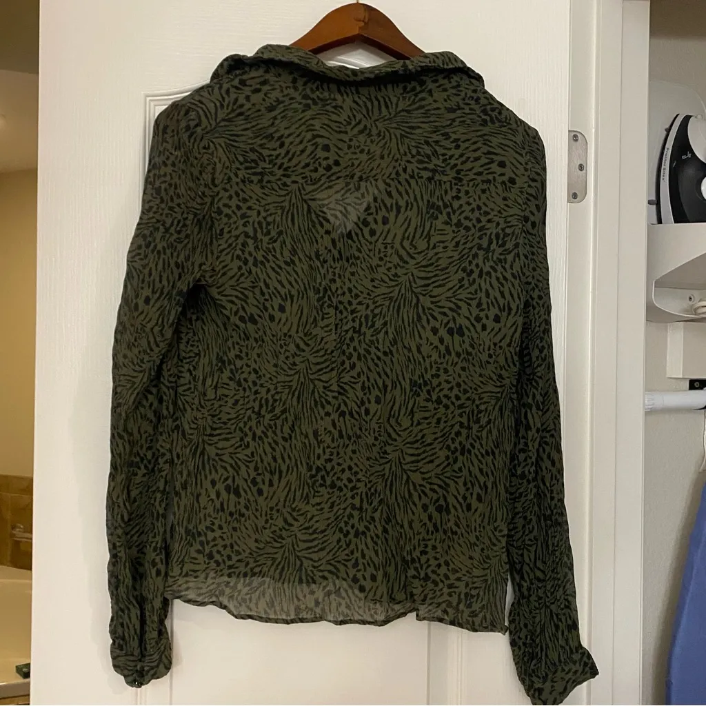 PAIGE Womens Sheer Top Blouse M 38” Long Sleeve Olive Green & Black Animal Print - Image 6