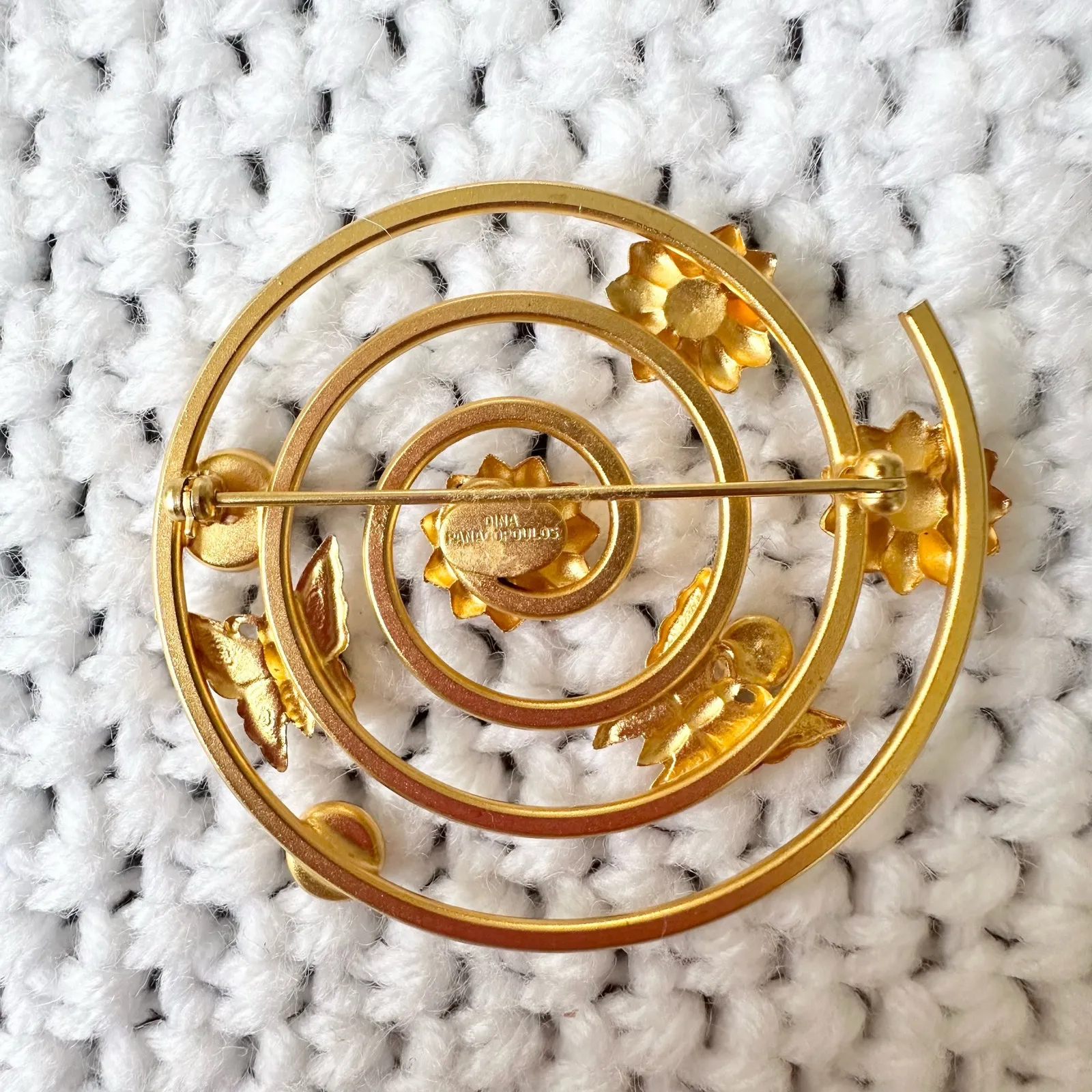 Dina Panagopolous Gold Tone Art Deco Swirl Spiral Sunflower Butterfly Brooch Pin - Image 5
