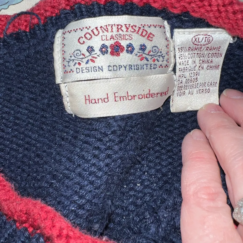 Darling Vintage 90s Countryside Classics Hand Embroidered Cotton Sweater! Blue Size XL - Image 7