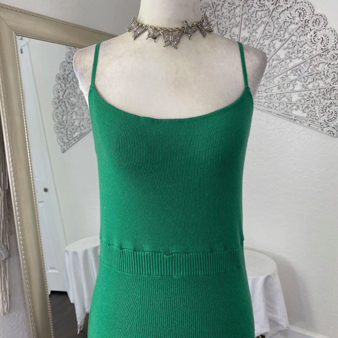 Lalavon Soft Bright Green Preppy Coquette Ribbed Bodycon Maxi Midi Dress L Size L - Image 3