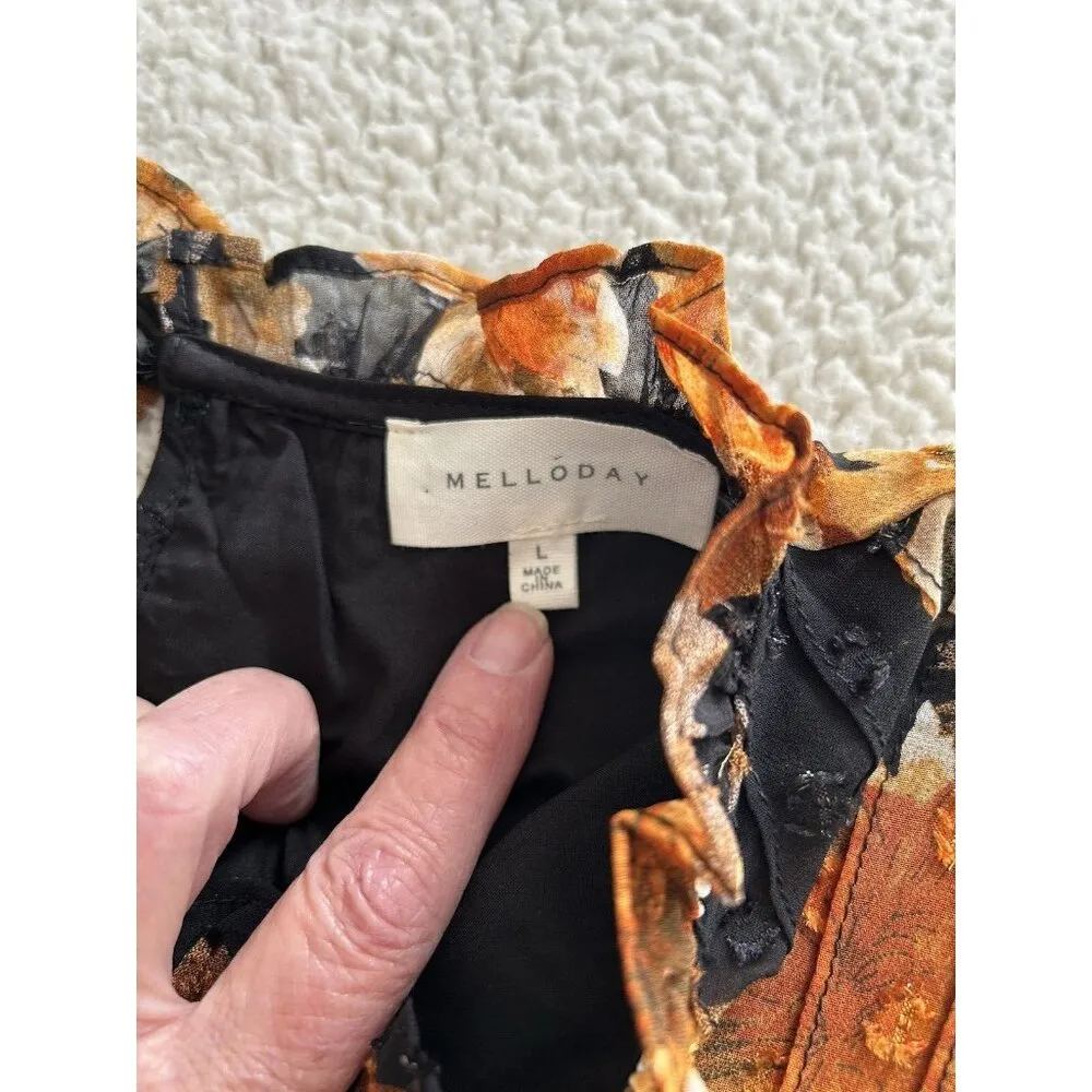 Melloday Black Muti-color Sheer Floral Print Pleated Long Sleeve Mini Dress Sz L - Image 10