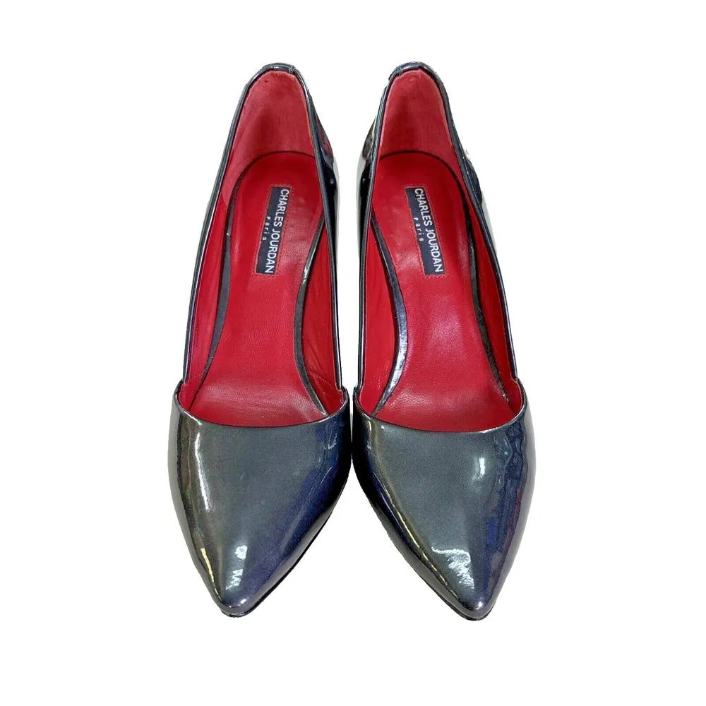 Charles Jourdan Paris Women's Shoes Sz 7.5‎ Patent Leather Gray Black Wedge Heel - Image 9