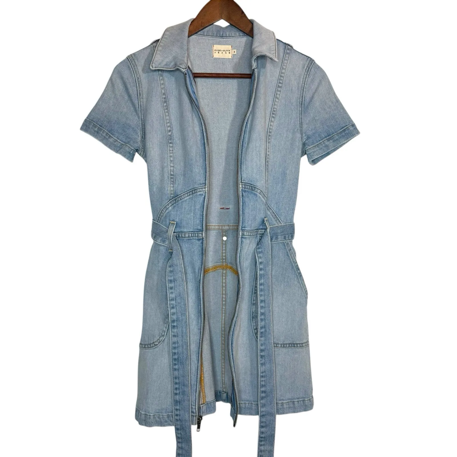 Alice + Olivia Jeans Blue Denim Mini Dress Size 2 Zipper‎ Front Pockets Belted - Image 10
