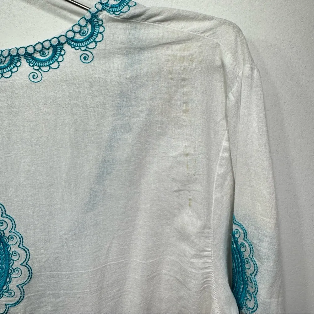 Bag Lady Mudpie White Tunic Swimsuit Cover Up Teal Embroidered Paisley Floral Size M - Image 11