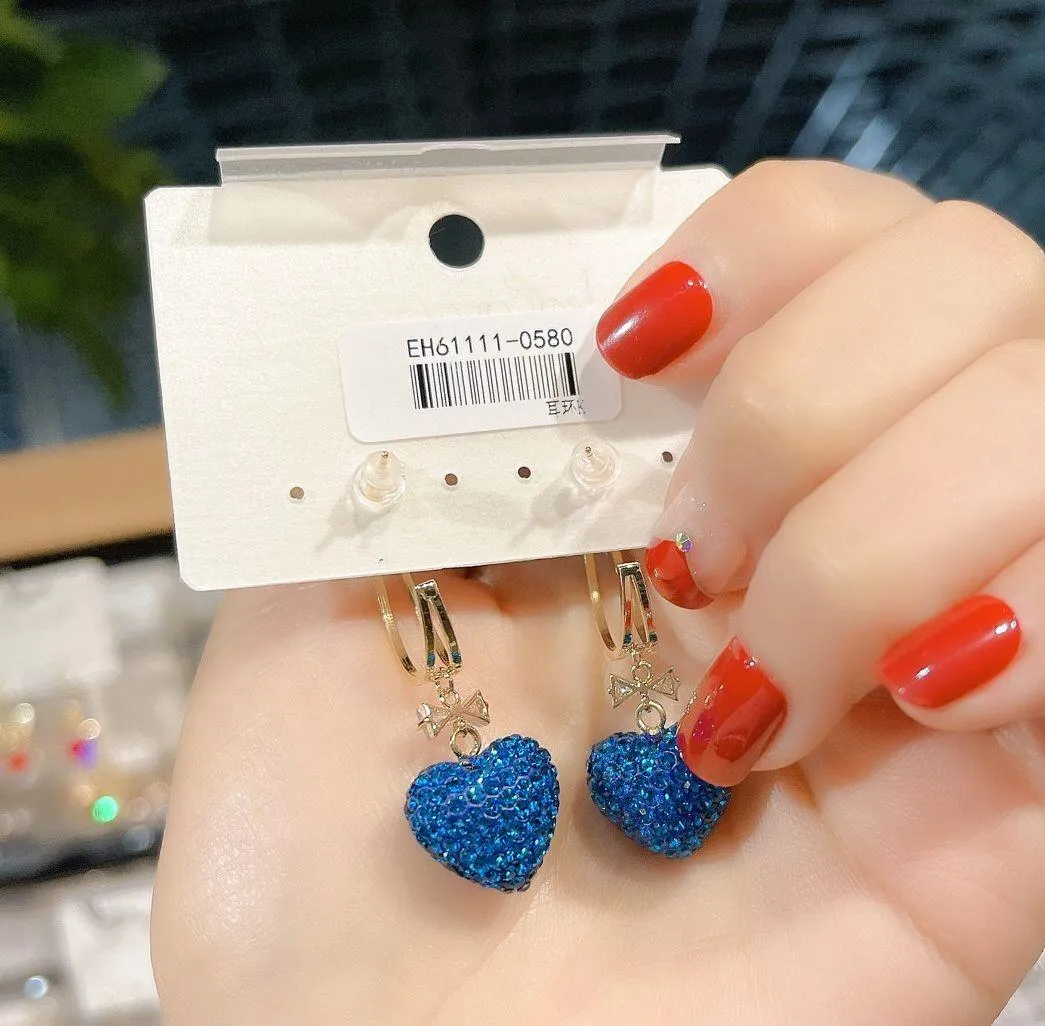 Women's Blue Diamond Love Heart Dangle Drop Earrings - Image 5