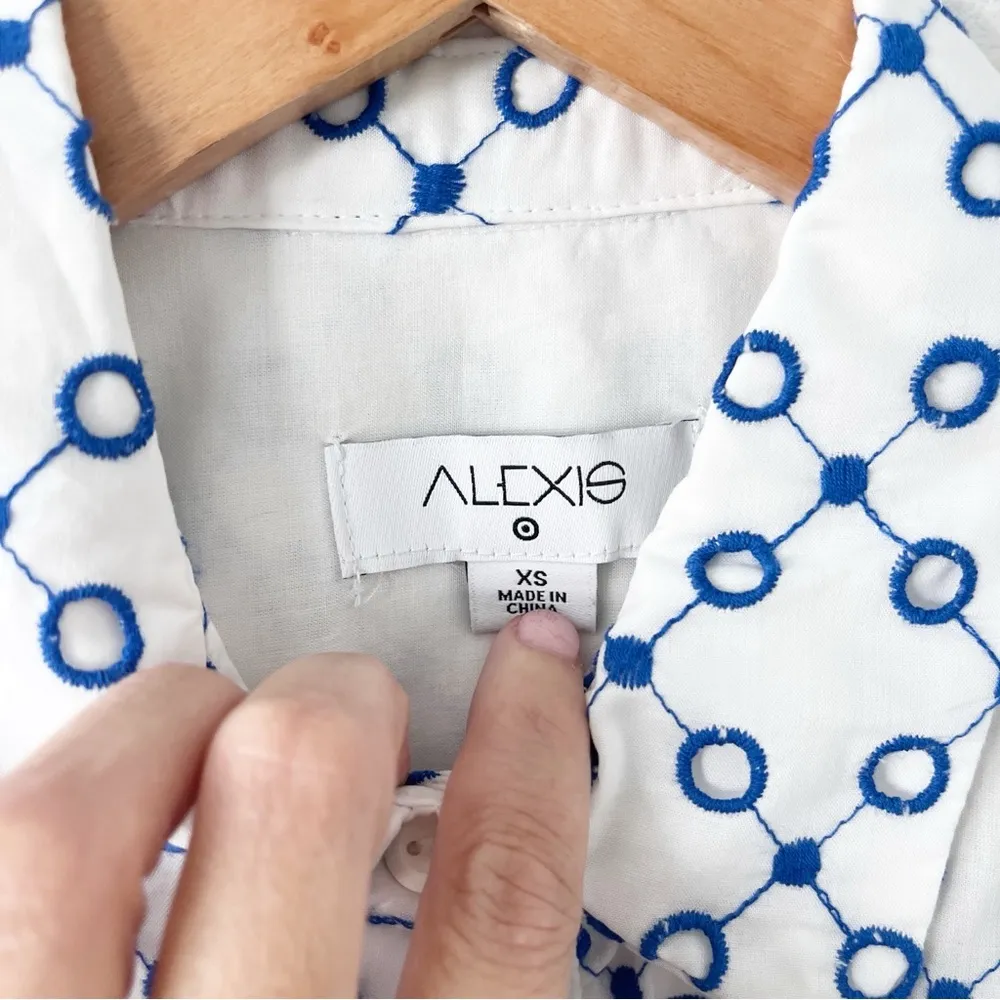 ALEXIS Target Isaias Dot Tulip Sleeve Embroidered Shirt Dress in White Blue - Image 8